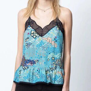 Zadig & Voltaire Celest Glam Rock Silky Camisole Blue Lace Trim Small
